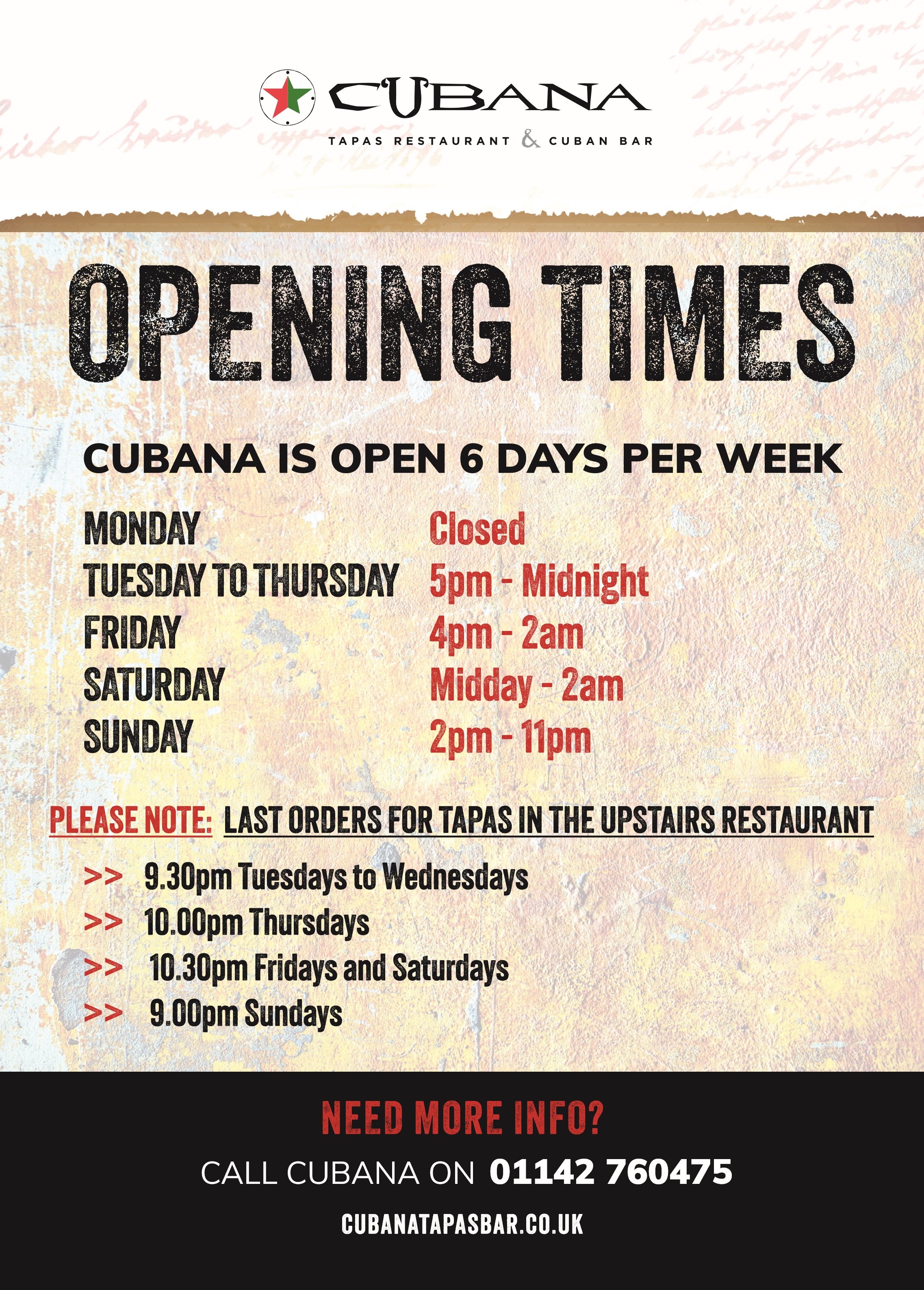 Cubana Opening Times